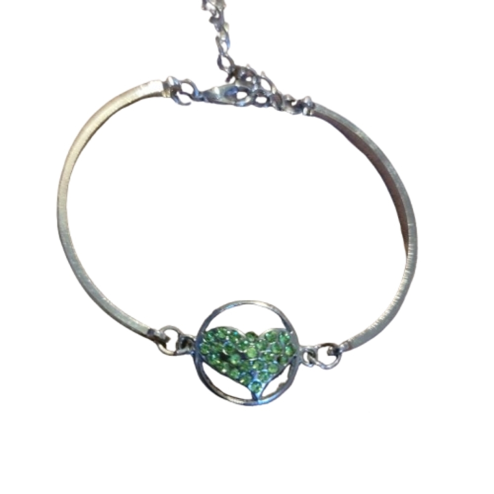 Silvertone Bracelet with Green Rhinestone Heart In Circle